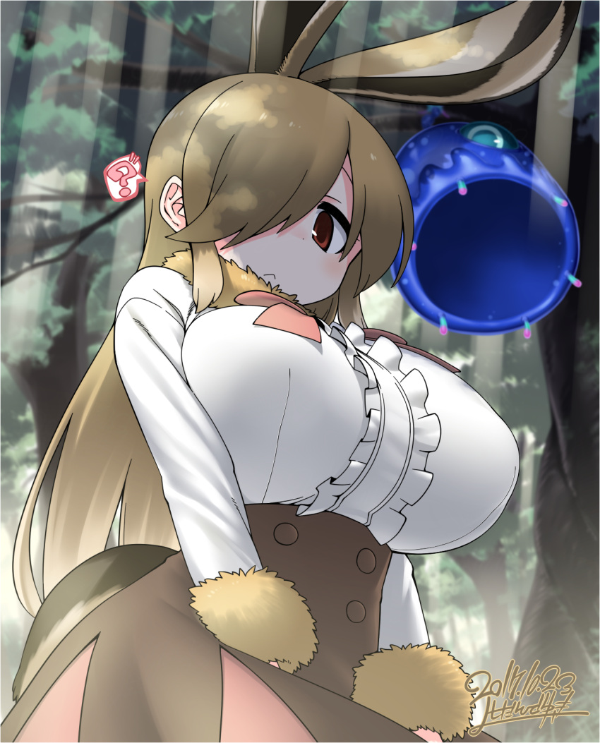 animal_ears, artist_name, breasts, brown_eyes, brown_hair, brown_skirt, bunny_tail, cerulean_(kemono_friends)