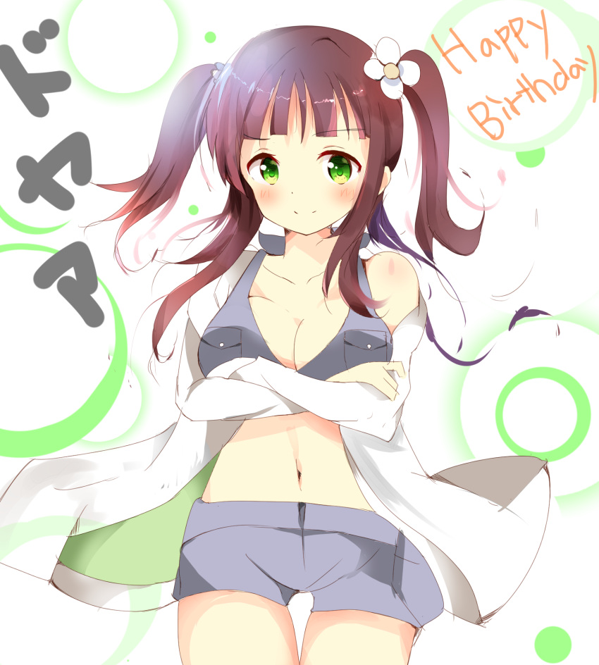 >:), 1girl, bangs, blunt_bangs, blush, breast_pocket, breasts, brown_hair
