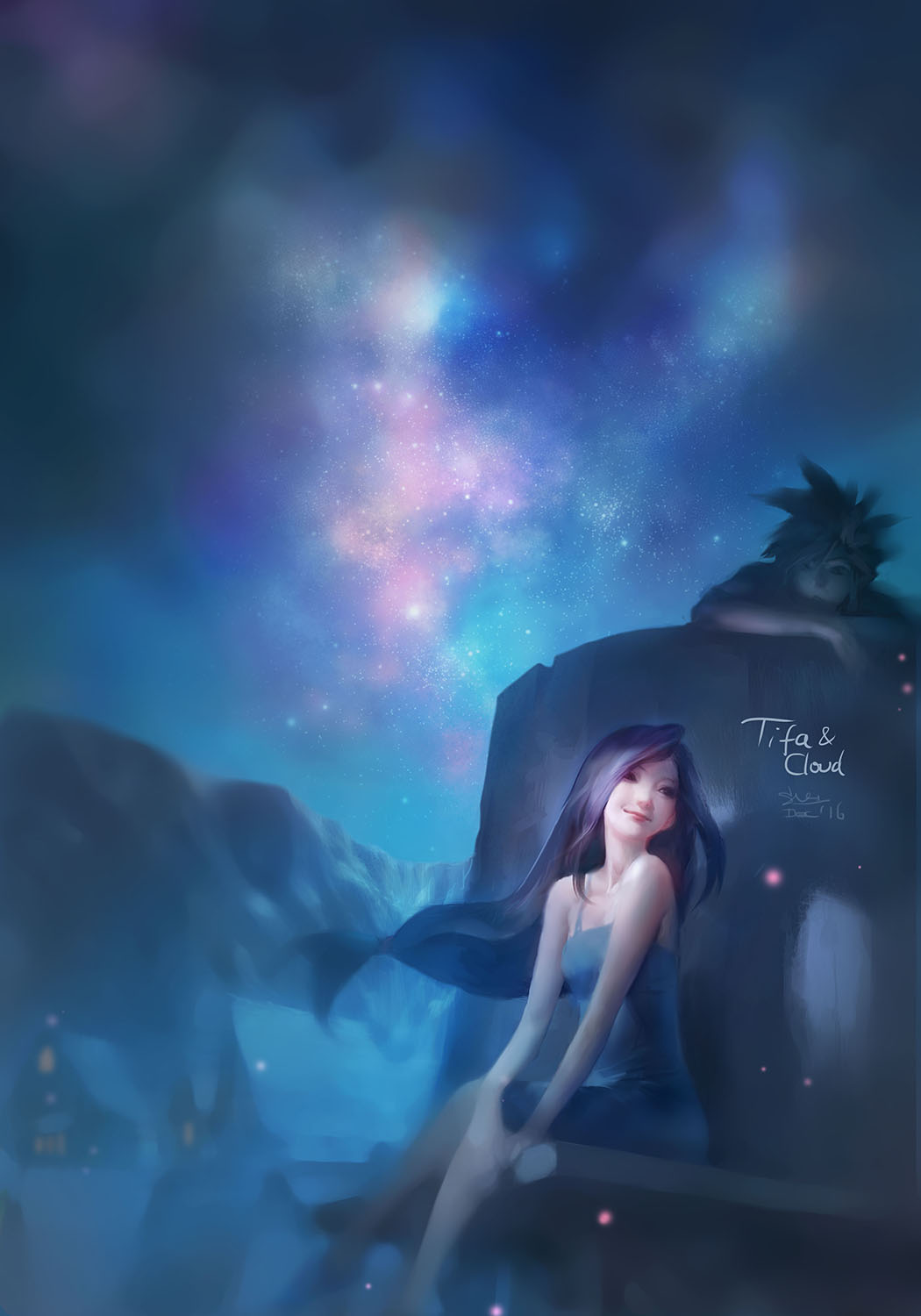 1boy, 1girl, black_hair, blonde_hair, blurry, character_name, cloud_strife, depth_of_field