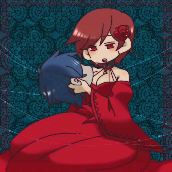 1boy, 1girl, banica_conchita, bare_shoulders, blue_hair, breasts, brown_hair, carlos_marlon