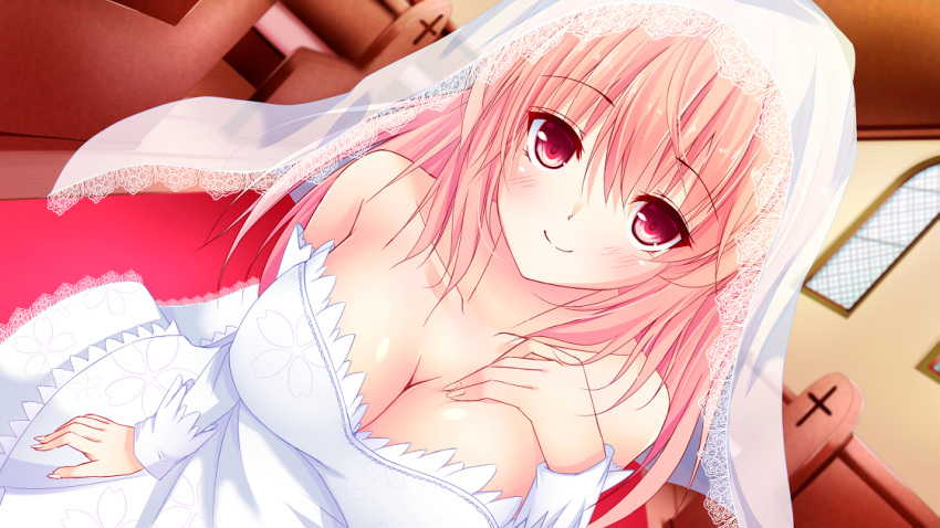 1girl, bare_shoulders, blush, breasts, bridal_veil, bride, cleavage, detached_sleeves