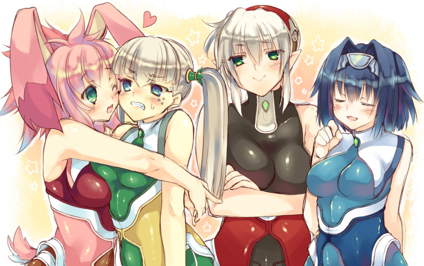 4girls, :d, ;d, alternate_skin_color, animal_ears, asymmetrical_docking, bangs, bare_arms