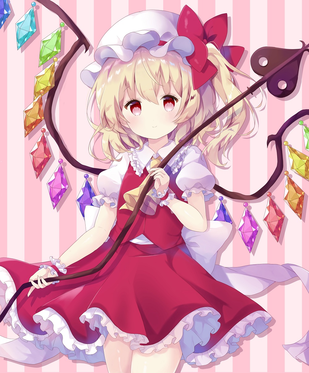 1girl, blonde_hair, blush, bow, closed_mouth, cowboy_shot, crystal, flandre_scarlet
