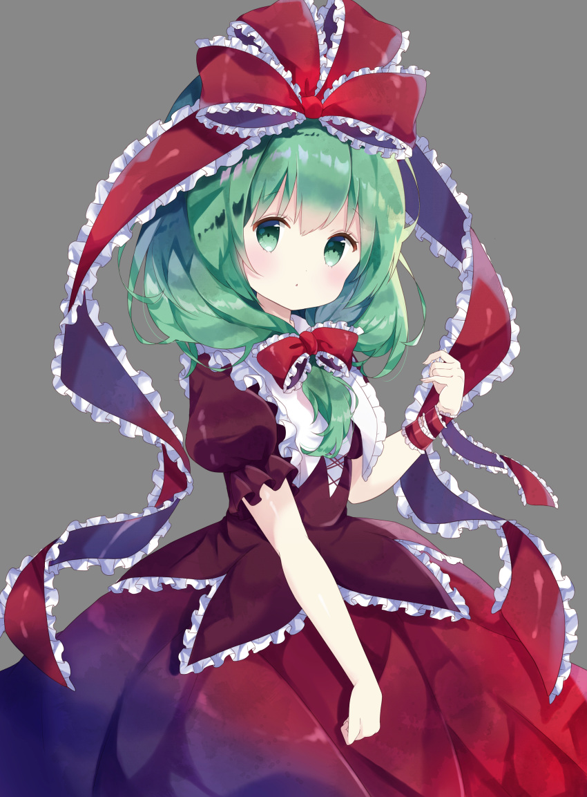 1girl, :o, absurdres, arm_ribbon, bangs, blush, bow, cowboy_shot, dress, front_ponytail, green_eyes, green_hair, hair_bow, hair_ribbon, highres, kagiyama_hina, long_hair, looking_at_viewer, puffy_short_sleeves, puffy_sleeves, red_bow, red_dress, red_ribbon, ribbon, short_sleeves, solo, touhou, yuma_(mron_322)