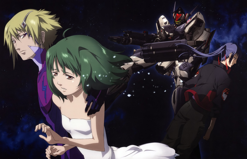 blonde_hair, bodysuit, brera_sterne, brera_stone, cyborg, dress, galaxy, green_hair, highres, jacket, macross, macross_frontier, macross_galaxy, mecha, military, military_uniform, milky_way, n.u.n.s., pilot_suit, ranka_lee, s.m.s., saotome_alto, scan, space, spacesuit, spoilers, star_(sky), tears, uniform, vf-171