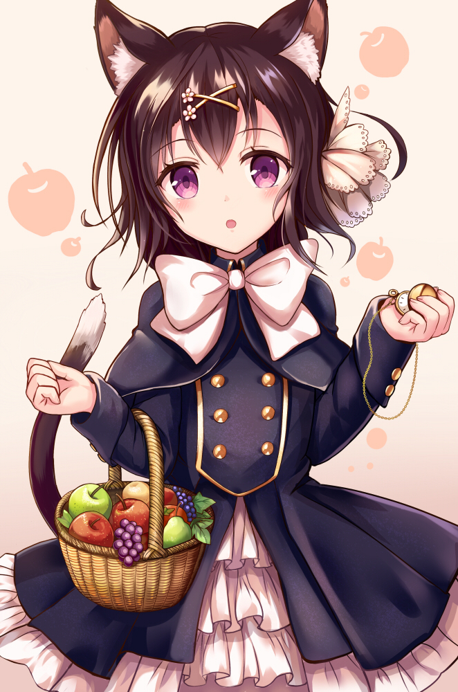1girl, :o, animal_ears, apple, bangs, basket, beige_background, black_hair