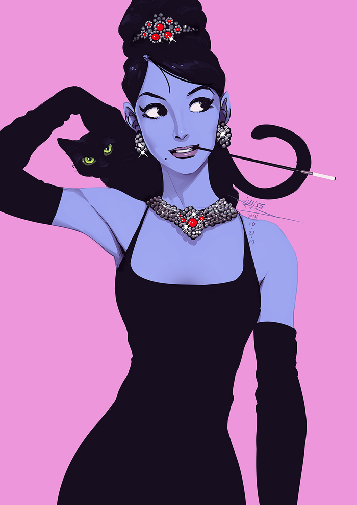 1girl, alternate_hair_length, alternate_hairstyle, animal, animal_on_shoulder, black_cat, black_dress, black_gloves