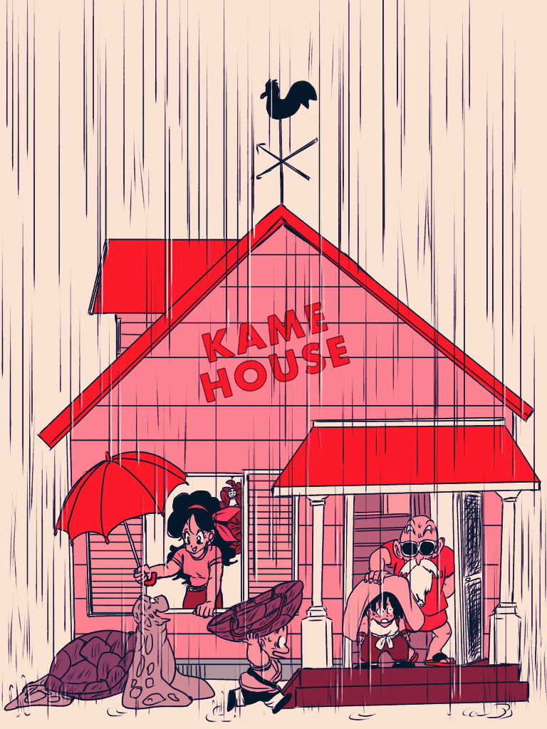 1girl, 3boys, animal, bald, dragon_ball, hair_ribbon, happy, house
