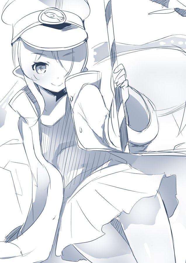 1girl, facing_viewer, gohei, greyscale, hair_over_one_eye, hat, keifuku-san, keifuku_(tatsuki)