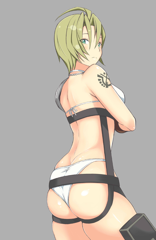1girl, ahoge, ass, bare_shoulders, bikini, blue_eyes, blush, breasts