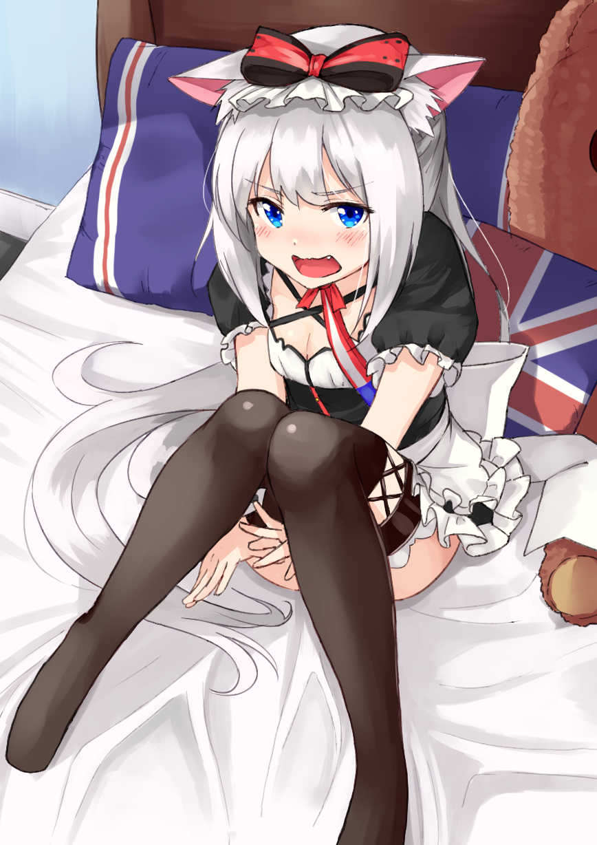1girl, animal_ears, apron, azur_lane, bangs, bed, black_legwear, black_shirt