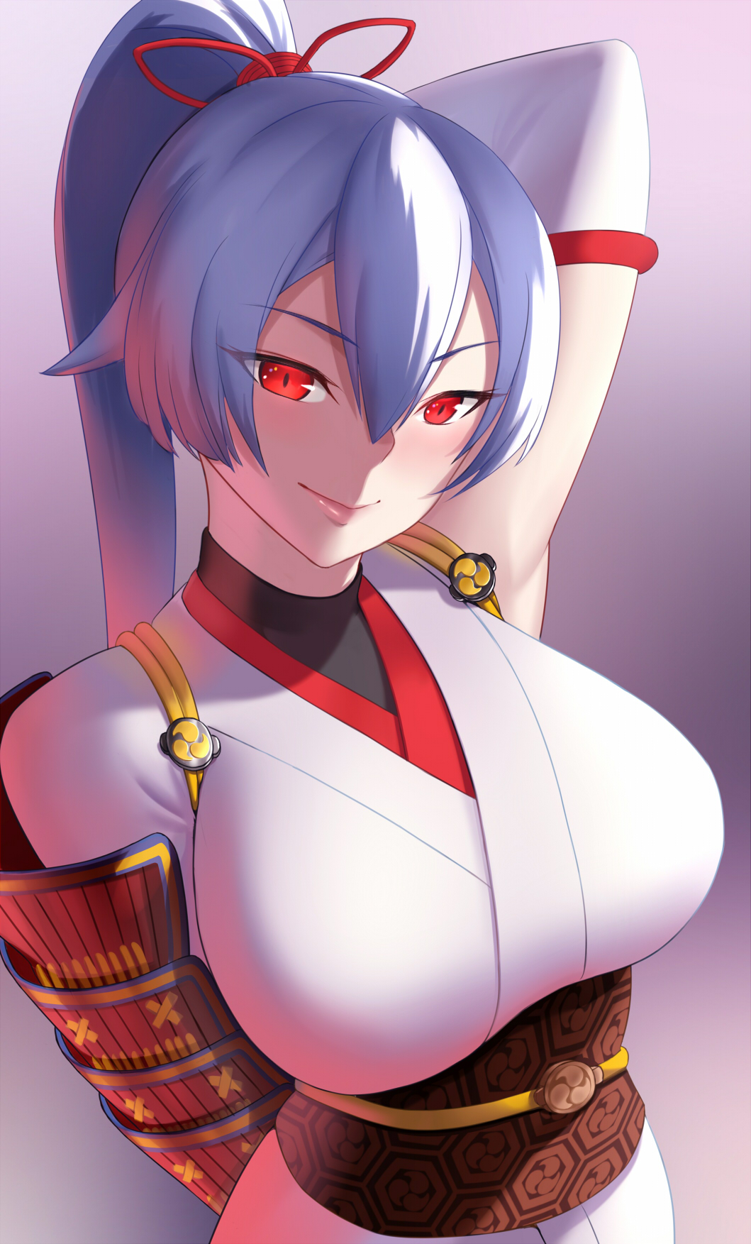 >:), 1girl, arm_up, armor, armpits, blush, breasts, closed_mouth
