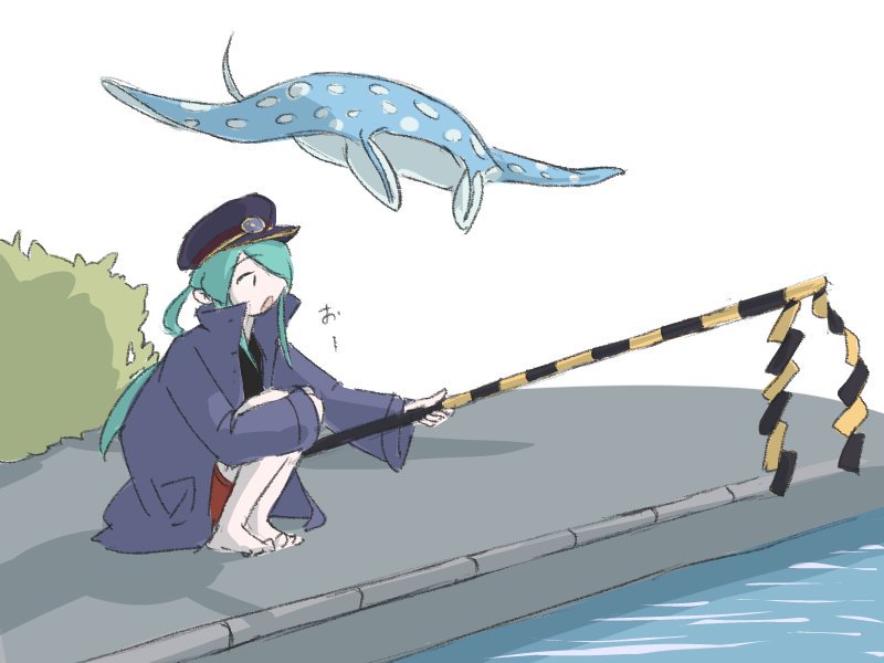 1girl, barefoot, gohei, green_hair, hair_over_one_eye, hat, keifuku-san, keifuku_(tatsuki)