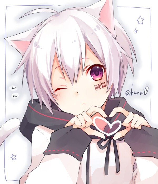 1boy, animal_ears, barcode_tattoo, cat_ears, cat_tail, heart, heart_hands, kuroi_(liar-player)