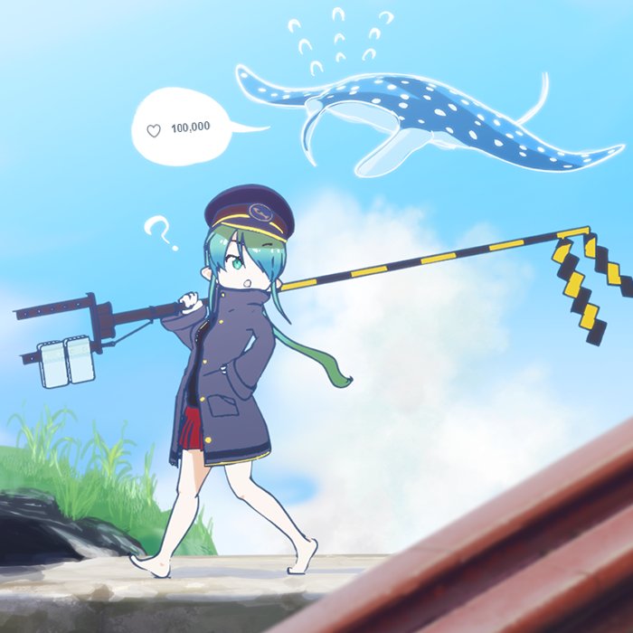 1girl, barefoot, blue_sky, gohei, green_eyes, green_hair, hand_in_pocket, hat