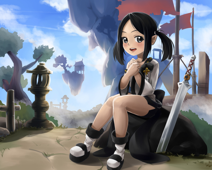 1girl, black_eyes, black_hair, black_skirt, blade_&amp;_soul, boots, flag, hands_together