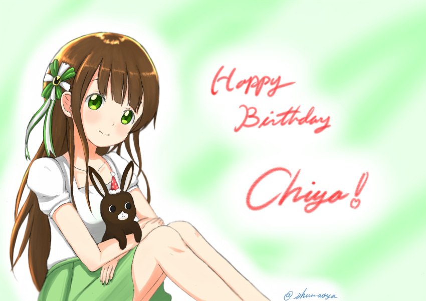 1girl, animal, anko_(gochiusa), bangs, blunt_bangs, blush, breasts, brown_hair, character_name, closed_mouth, collarbone, commentary_request, crossed_arms, english, furuka_graffiti, gochuumon_wa_usagi_desu_ka?, green_eyes, green_skirt, hair_ornament, happy_birthday, hat, highres, hug, legs_together, long_hair, looking_at_viewer, party_hat, rabbit, red_hat, ribbon, shirt, short_sleeves, sitting, skirt, small_breasts, smile, striped, striped_ribbon, twitter_username, two-tone_background, ujimatsu_chiya, white_shirt