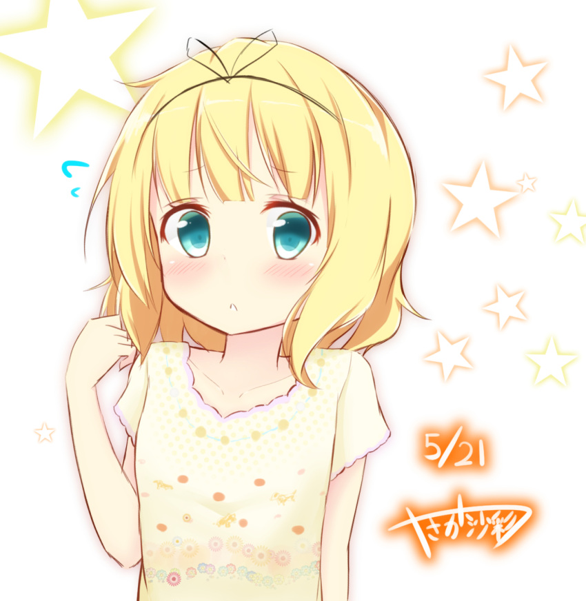 1girl, :<, aqua_eyes, bangs, black_hairband, blonde_hair, blunt_bangs, blush