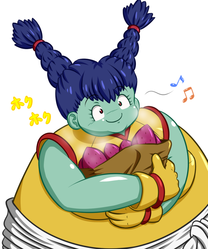 1girl, bag, blue_hair, braid, dragon_ball, dragon_ball_super, food, gloves, green_skin, long_hair, minminnanagon, monna, musical_note, paper_bag, red_eyes, simple_background, solo, upper_body, white_background