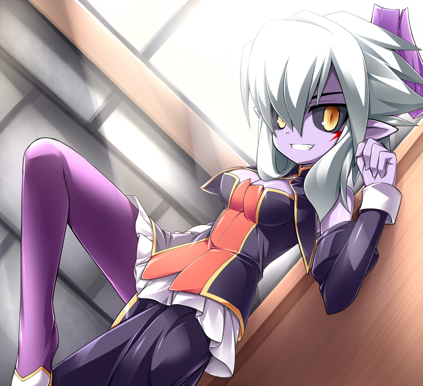 1girl, bare_shoulders, black_sclera, demon_girl, detached_sleeves, facial_mark, grin, karudia, katami_shinta, leg_up, light_rays, looking_at_viewer, lying, on_back, pointy_ears, purple_skin, shinrabanshou, smile, solo, white_hair, yellow_eyes