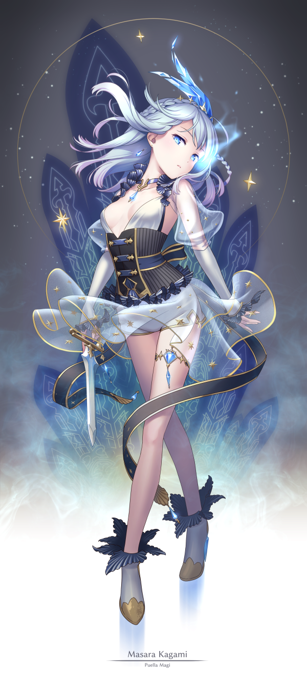 1girl, ankle_boots, bare_legs, blue_eyes, blue_hair, boots, braid, breasts