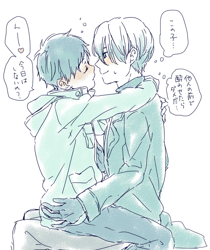 2boys, amamiya_konatsu, blush, closed_eyes, coat, gloves, imminent_kiss, katsuki_yuuri, male_focus, monochrome, multiple_boys, sitting, sitting_on_lap, sitting_on_person, spot_color, translation_request, viktor_nikiforov, yaoi, yuri!!!_on_ice