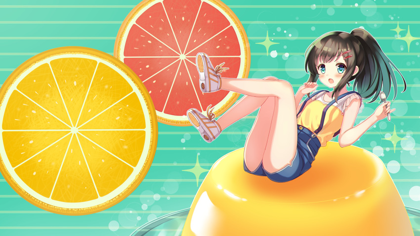 1girl, :o, bangs, bare_arms, bare_legs, black_hair, blue_eyes, blue_skirt, blush, eyebrows_visible_through_hair, food, frilled_sleeves, frills, fruit, full_body, gradient_hair, grapefruit_slice, green_background, green_hair, hair_ornament, hairclip, holding, holding_spoon, legs, legs_up, lemon, lemon_slice, long_hair, looking_at_viewer, minigirl, multicolored_hair, no_socks, open_mouth, original, ponytail, pudding, see-through, shirt, shoes, short_sleeves, sidelocks, skirt, sneakers, solo, sparkle, striped, striped_background, suspender_skirt, suspenders, tareme, white_footwear, yatsuki_yura, yellow_shirt