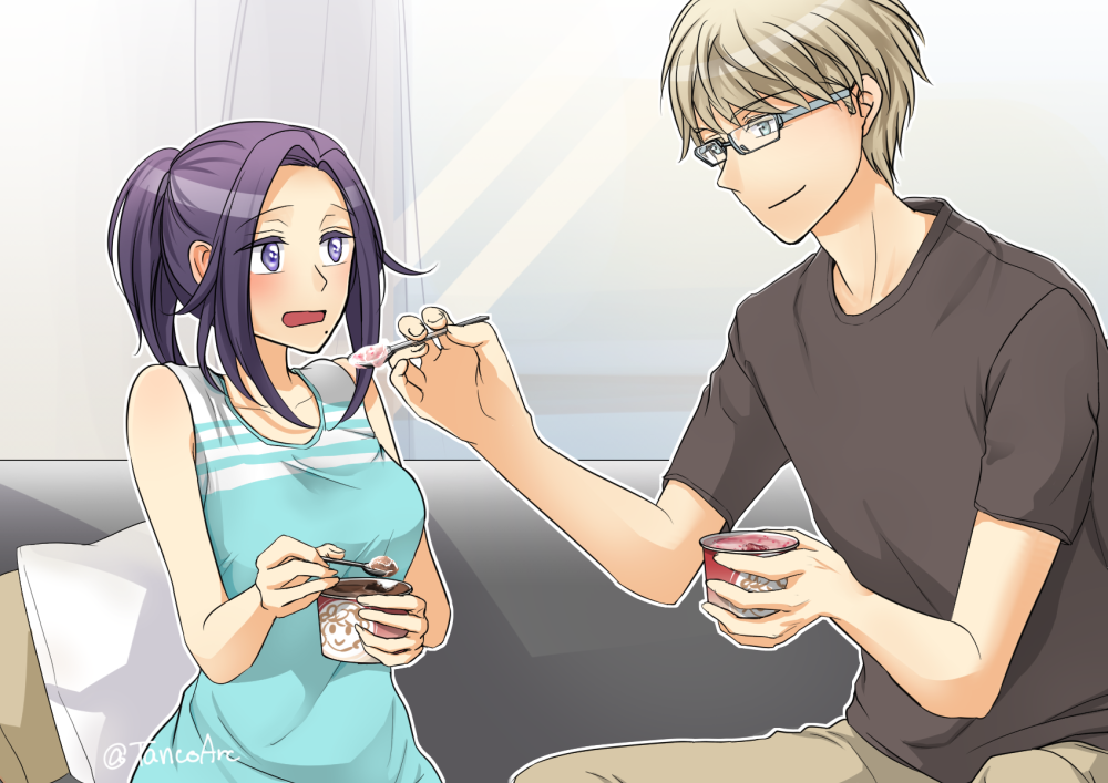 1boy, 1girl, aqua_shirt, couch, eating, food, glasses, ice_cream