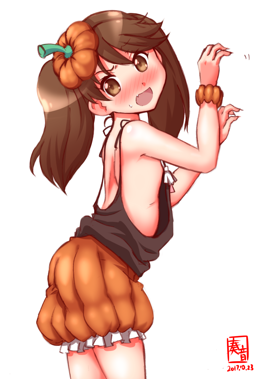 alternate_hairstyle, blush, brown_eyes, brown_hair, commentary_request, cosplay, flat_chest, hat
