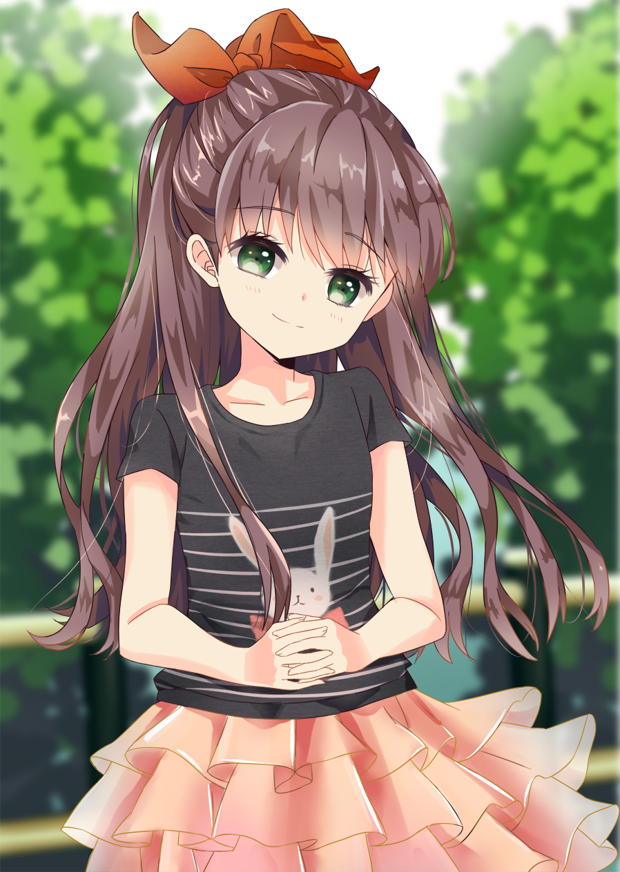 1girl, alci-chan, blurry, blurry_background, bow, brown_hair, day, green_eyes, hair_bow, highres, interlocked_fingers, long_hair, looking_at_viewer, outdoors, pink_skirt, railing, red_bow, shirt, skirt, smile, solo, standing, t-shirt, tree
