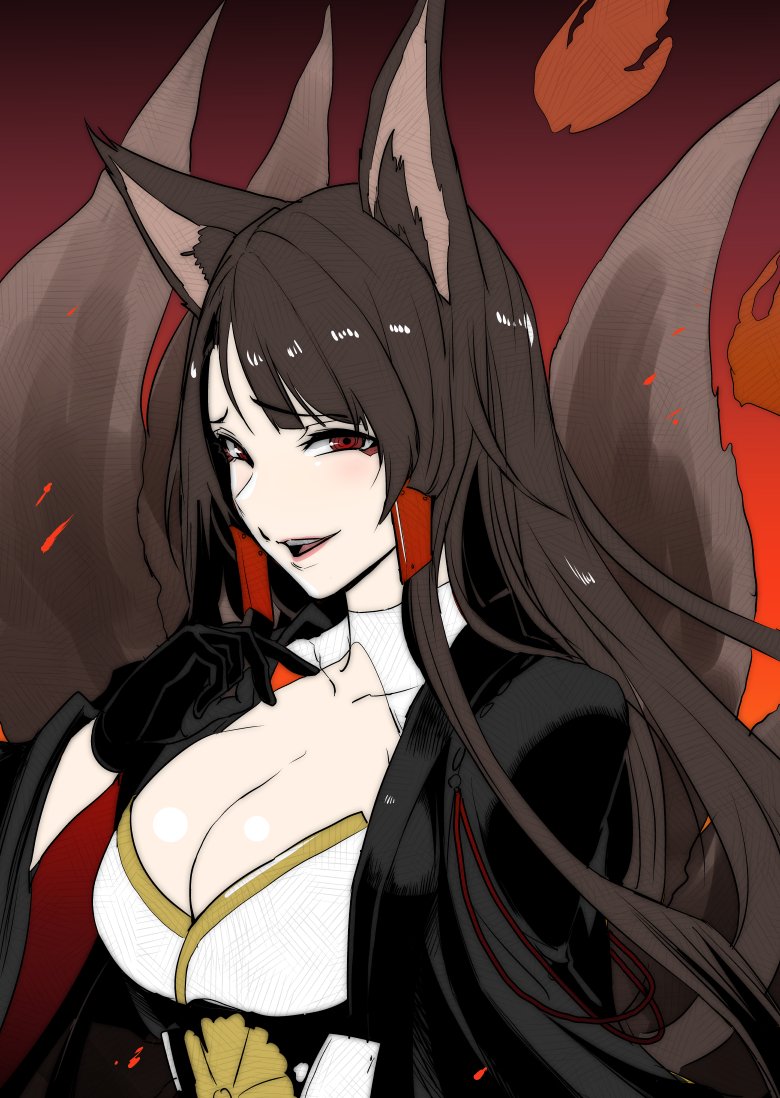 1girl, akagi_(azur_lane), animal_ears, azur_lane, bangs, black_gloves, black_hair, blush