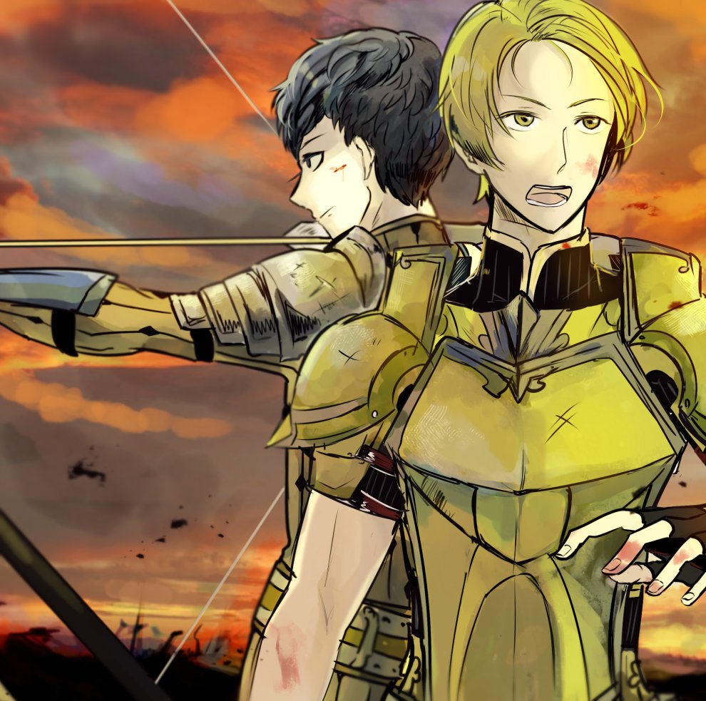 2boys, armor, arrow, blue_hair, bow_(weapon), breastplate, drawing_bow, fire_emblem