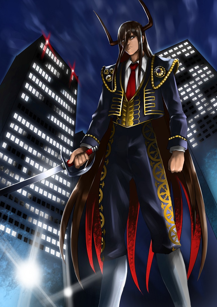 1boy, black_hair, building, homomomomon, horns, juuni_taisen, kashii_eiji, long_hair