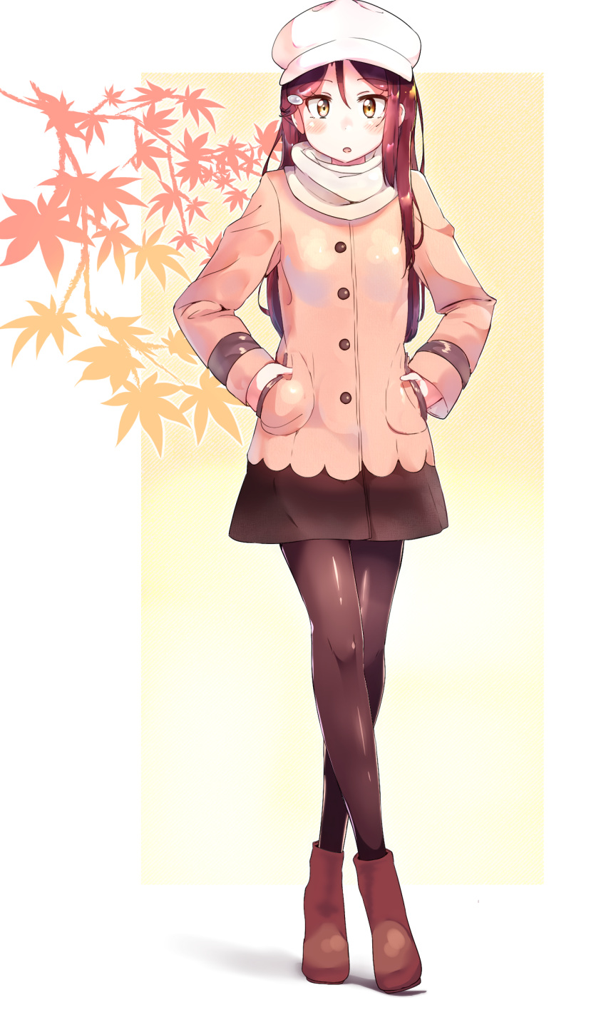 1girl, black_legwear, blush, boots, coat, full_body, hair_between_eyes, hair_ornament