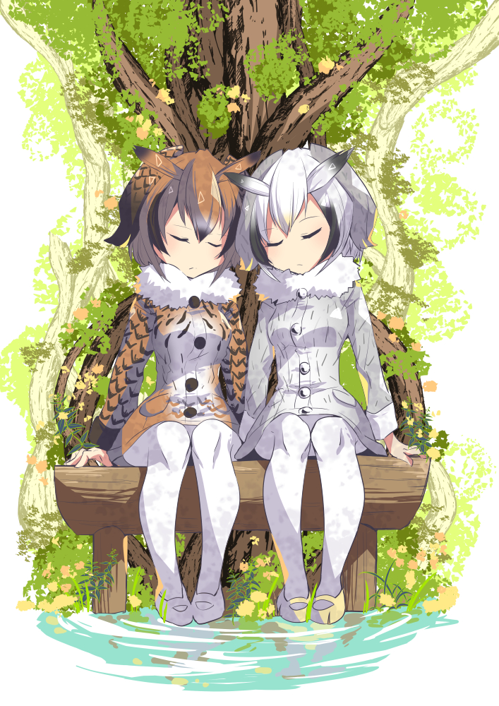 2girls, bench, brown_hair, eurasian_eagle_owl_(kemono_friends), fur_collar, grey_coat, grey_hair, harunohotaru