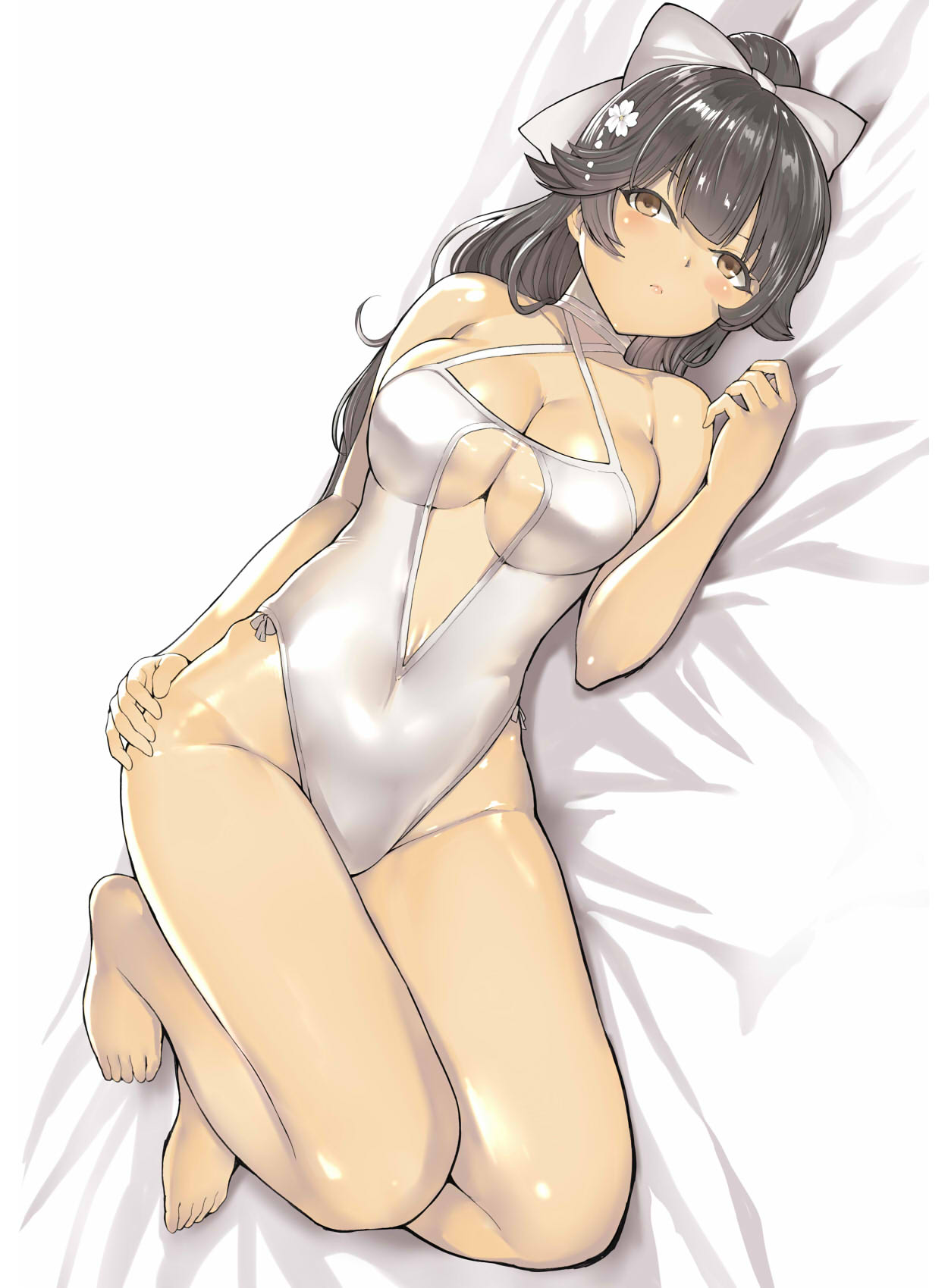 1girl, azur_lane, barefoot, bed, black_hair, bow, breasts, brown_eyes