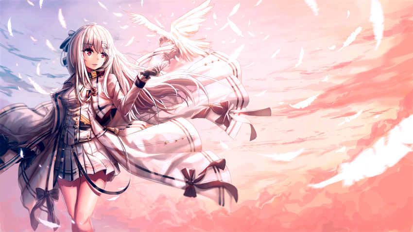 1girl, arm_up, bangs, bird, buttons, clouds, coat, coat_lift