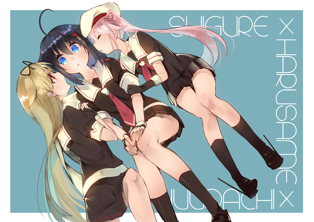 3girls, ahoge, bangs, beret, black_footwear, black_gloves, black_hair, black_legwear