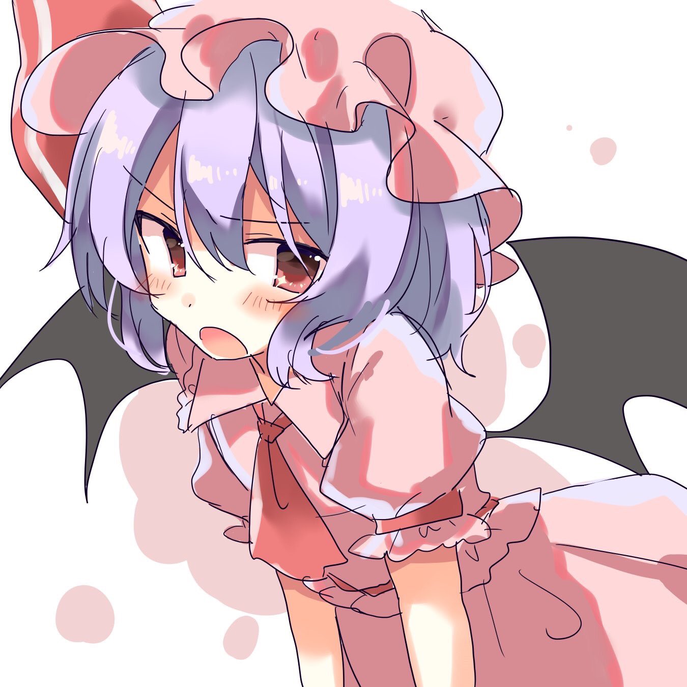 1girl, bat_wings, blouse, blush, d:<, hat, highres, looking_at_viewer