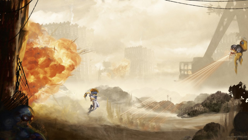 battle, building, clouds, explosion, fake_screenshot, firing, gameplay_mechanics, gunstar_heroes