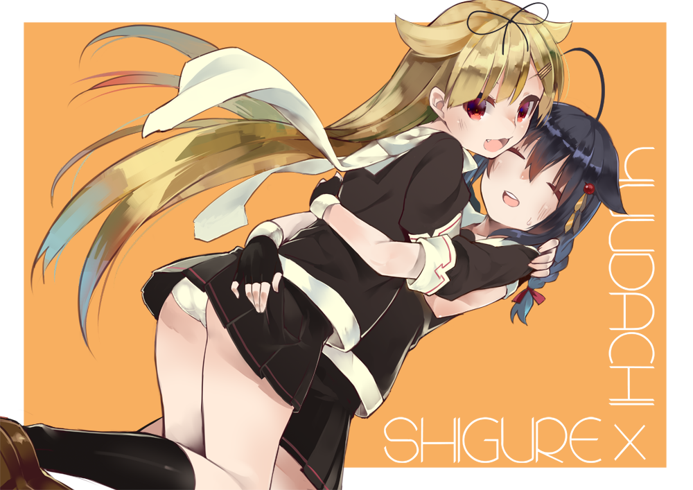 2girls, :3, :d, ahoge, ass, bangs, black_gloves, black_legwear