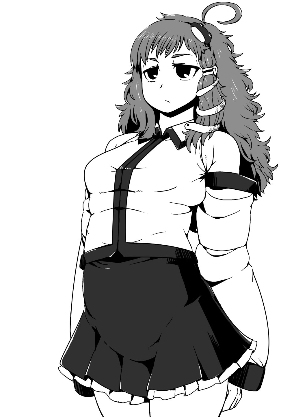 1girl, bangs, breasts, cowboy_shot, detached_sleeves, expressionless, frog_hair_ornament, hair_ornament