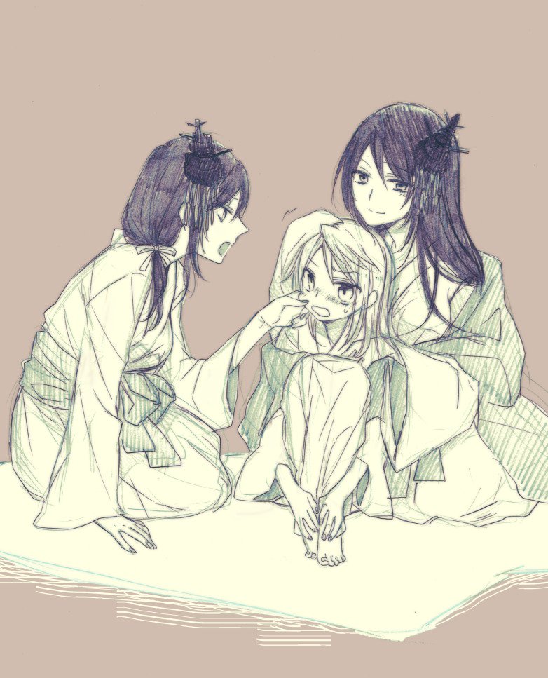 3girls, alternate_costume, alternate_hairstyle, barefoot, blush, cheek_pull, commentary, eyebrows_visible_through_hair
