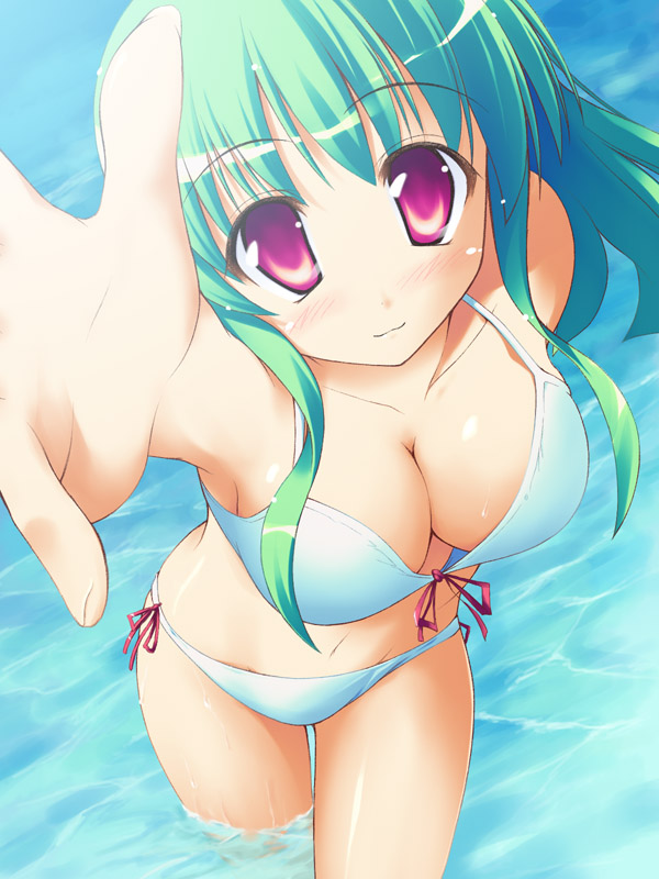 bikini, breasts, cleavage, foreshortening, green_hair, hands, long_hair, midriff