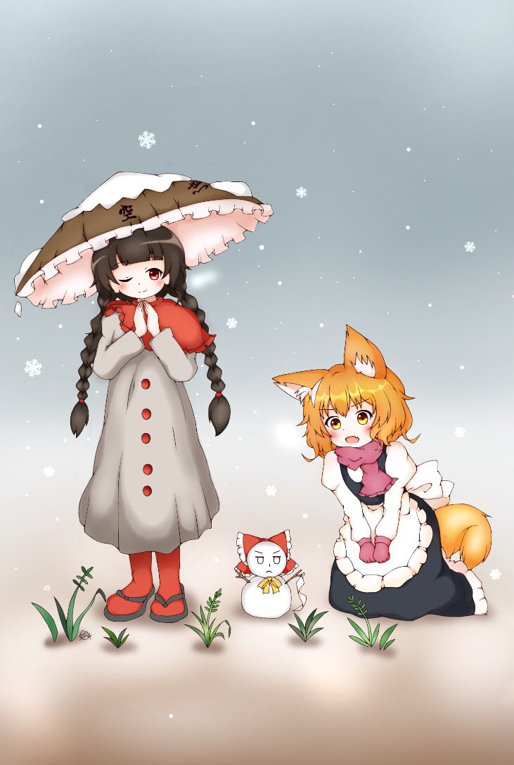 >:d, 2girls, :d, ;), ajirogasa, animal_ears, apron, bangs
