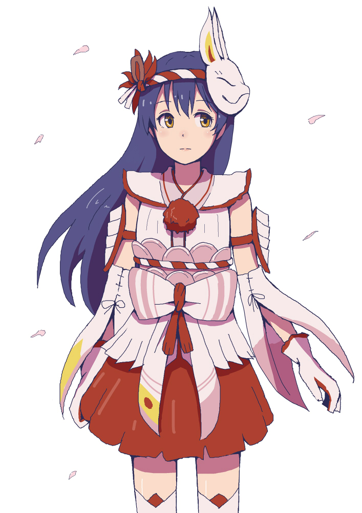 1girl, blue_hair, brown_eyes, cowboy_shot, detached_sleeves, fox_mask, gloves, long_hair