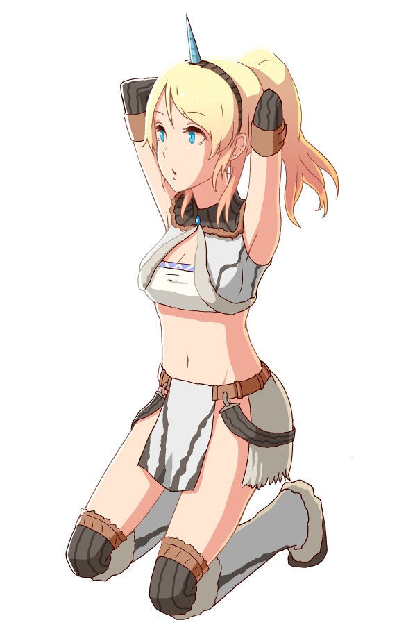 1girl, armpits, arms_behind_head, ayase_eli, blonde_hair, blue_eyes, breasts, cleavage, full_body, hairband, horn, kirin_(armor), kneeling, long_hair, love_live!, love_live!_school_idol_project, midriff, monster_hunter, monster_hunter_x, navel, ponytail, simple_background, tsukebo, white_background