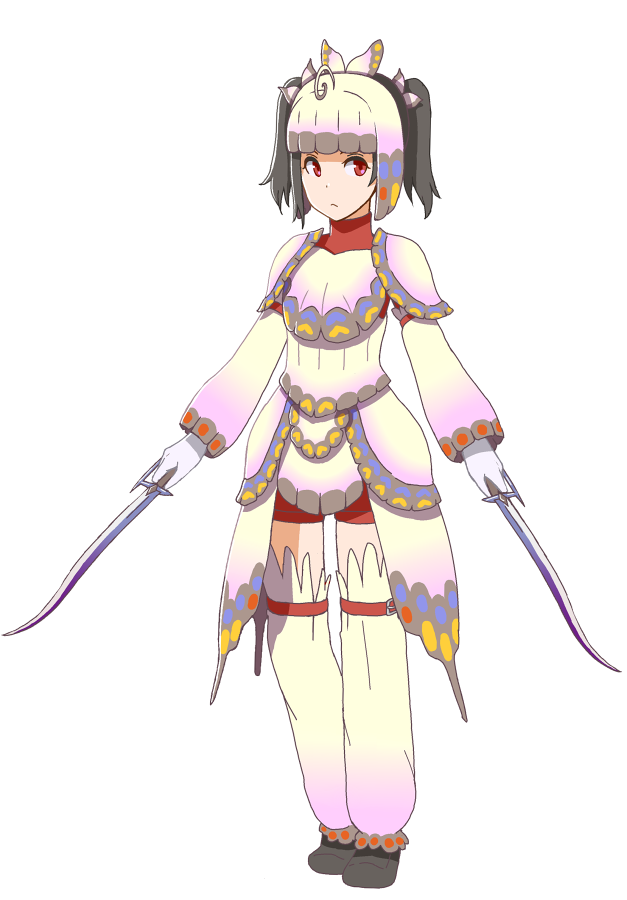 1girl, armor, black_hair, dual_wielding, full_body, gloves, love_live!, love_live!_school_idol_project, monster_hunter, monster_hunter_x, red_eyes, red_shorts, shorts, solo, sword, thigh-highs, tsukebo, twintails, weapon, white_gloves, yazawa_nico
