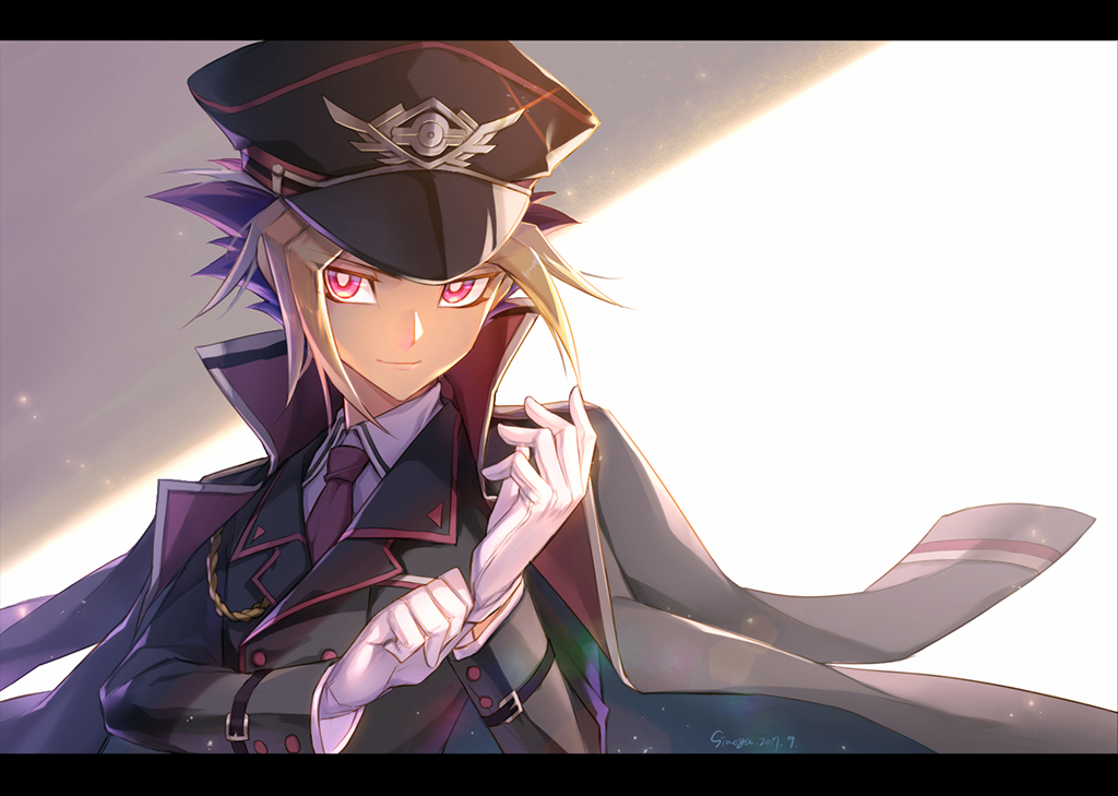 1boy, adjusting_clothes, adjusting_gloves, aiguillette, alternate_costume, black_hair, blonde_hair, gloves, hat, jacket_on_shoulders, letterboxed, male_focus, necktie, peaked_cap, red_eyes, red_neckwear, siaoyu, smile, solo, spiky_hair, uniform, white_gloves, yami_yuugi, yu-gi-oh!