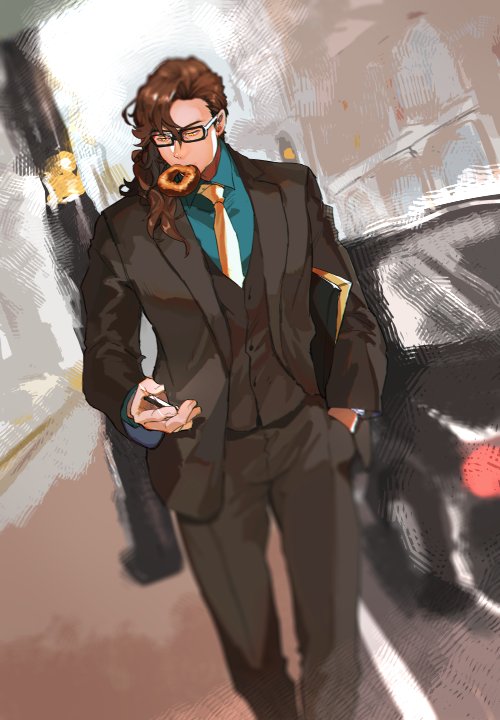 1boy, alternate_costume, cellphone, doughnut, food, food_in_mouth, formal, glasses